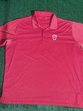 Antigua Men's Red Striped Polo with IU Logo